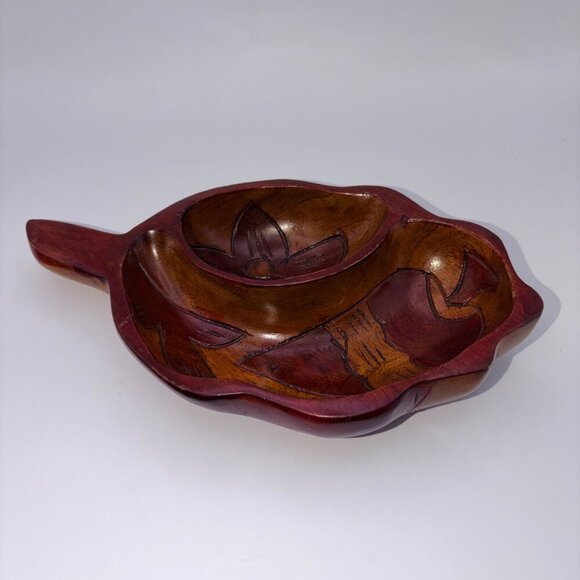 Hand-Carved Wooden Hawaiian Leaf Bowl Divided Serving Dish - Monkey Pod - Picture 4 of 8